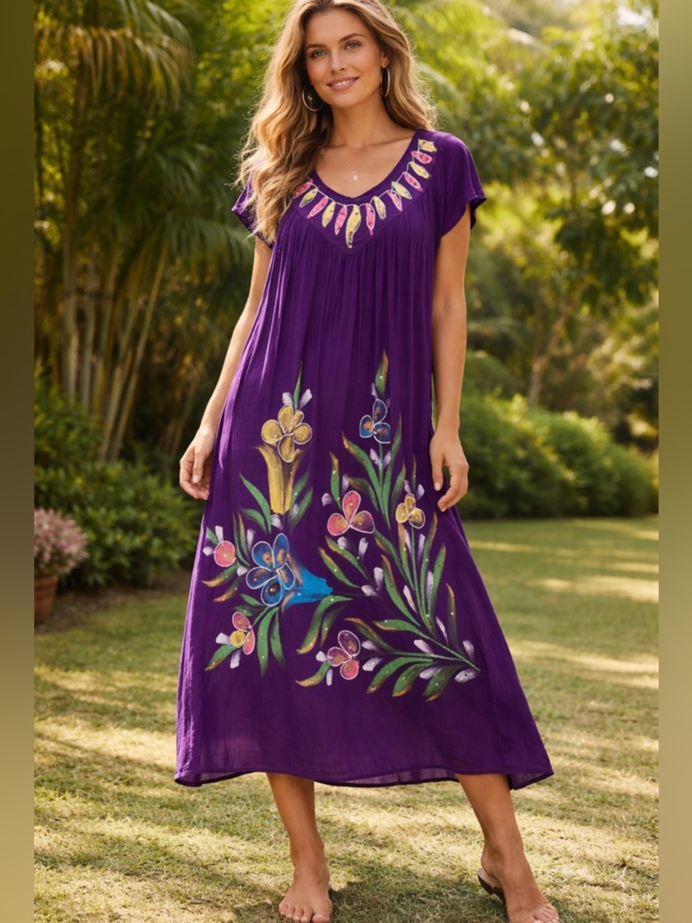 Riviera Sun Purple Floral Scoop-Neck Women's Dress 2X EUC Beach Resortwear Boho - Picture 9 of 9